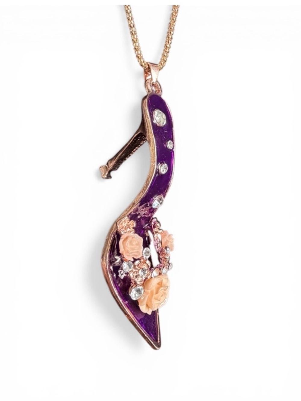 Betsey Johnson decorative Purple Jeweled High Heel Necklace with Peach Roses - Picture 3 of 5